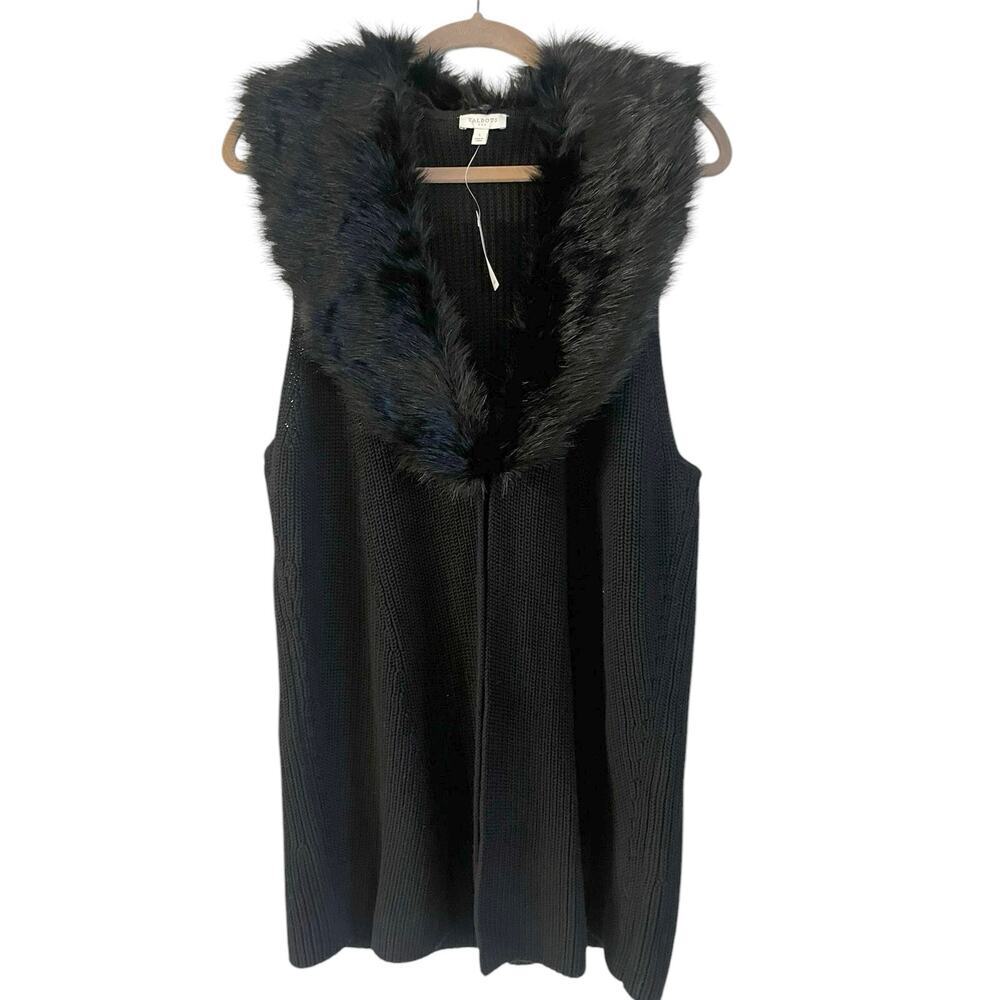 Talbots Rib Knit Sweater Vest With Detachable  Faux Fur Collar Size Large Black